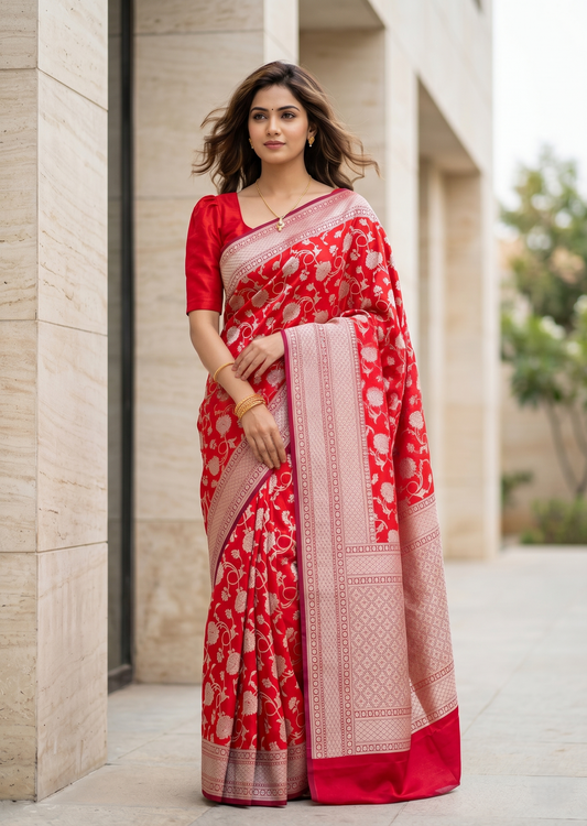 Southloom Pure Banarasi Silk Saree with Woven Work on Body and Borders (Red)