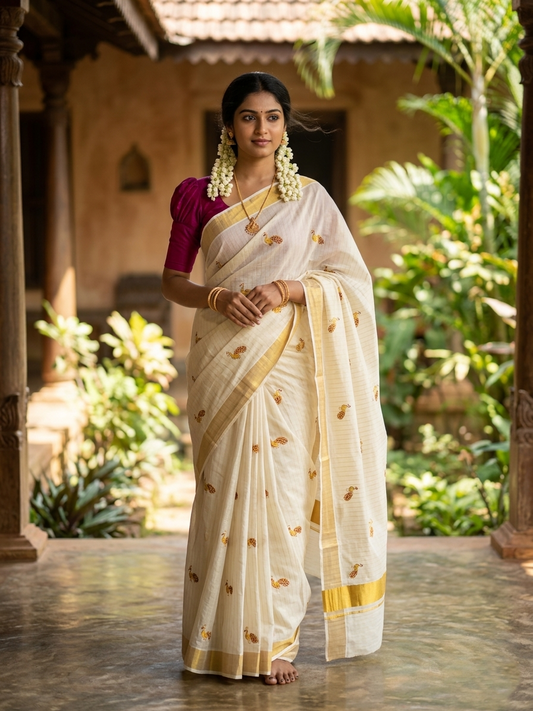 Southloom Cotton Kerala Kasavu Lines Saree with Peacock Embroidery Work on Body in Magenta