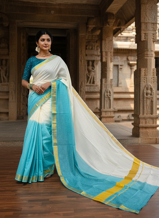 Southloom Tie and Dye Multi Colour Blue Kasavu Saree
