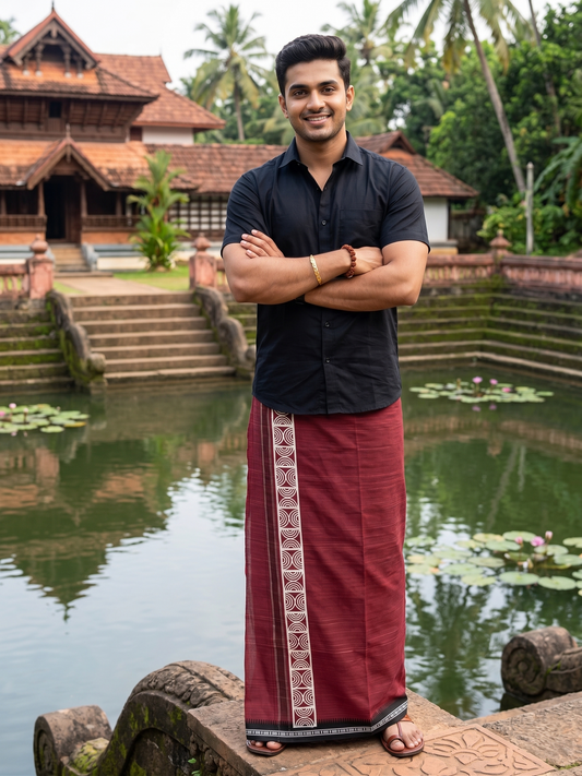 Southloom Maroon Printed Single Mundu / Otta Mundu / Lungi (South Indian Kerala Dhoti)
