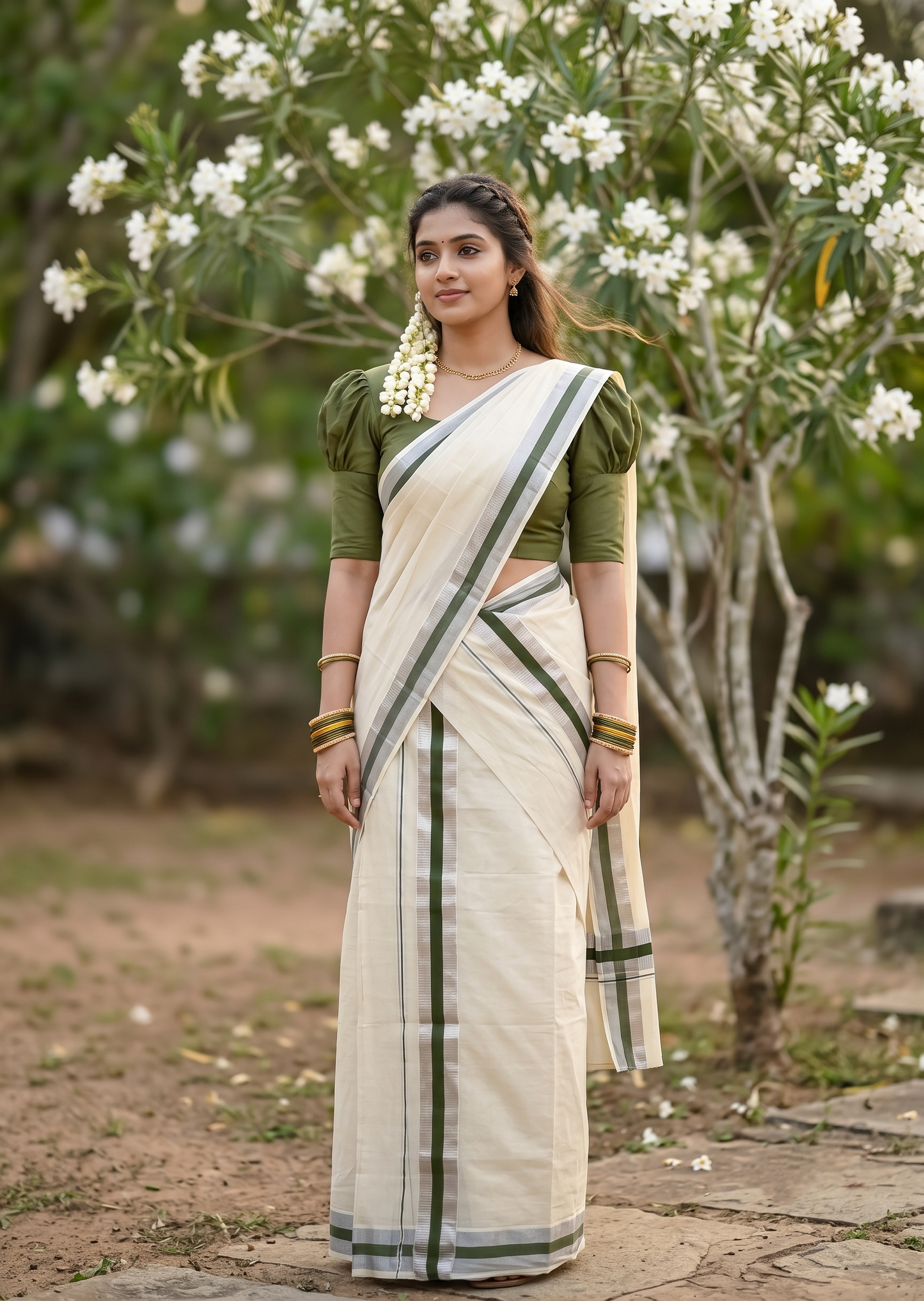 Kerala Cotton Mundum Neriyathum Single (Set Mundu) with Olive Green and Silver Kasavu Border 2.80 Mtrs SLKK