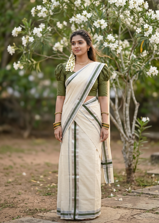 Kerala Cotton Mundum Neriyathum Single (Set Mundu) with Olive Green and Silver Kasavu Border 2.80 Mtrs SLKK