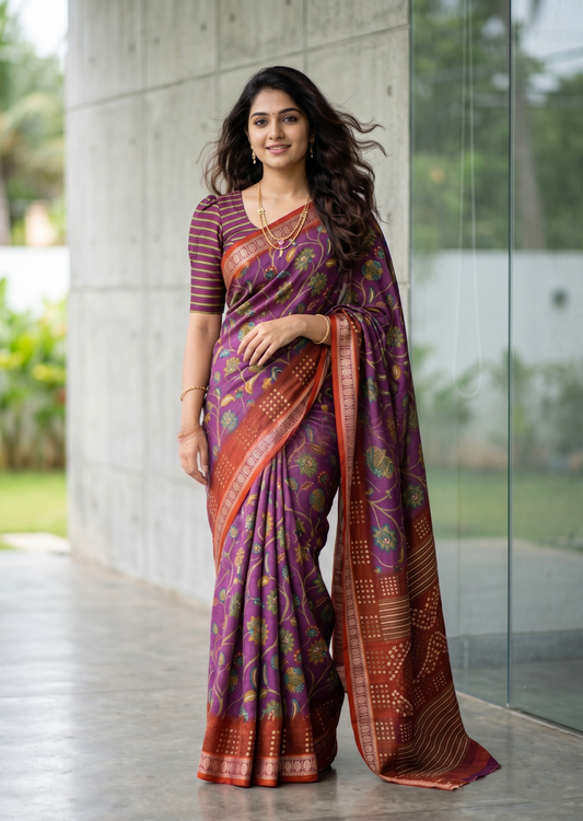 Southloom Muslin Cotton Saree With Floral Prints on the Body and Borders