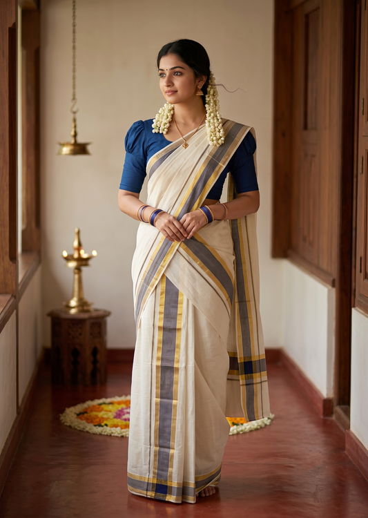 Southloom Kerala Cotton Mundum Neriyathum Single (Set Mundu) with Blue and Kasavu Border 2.80 Mtrs