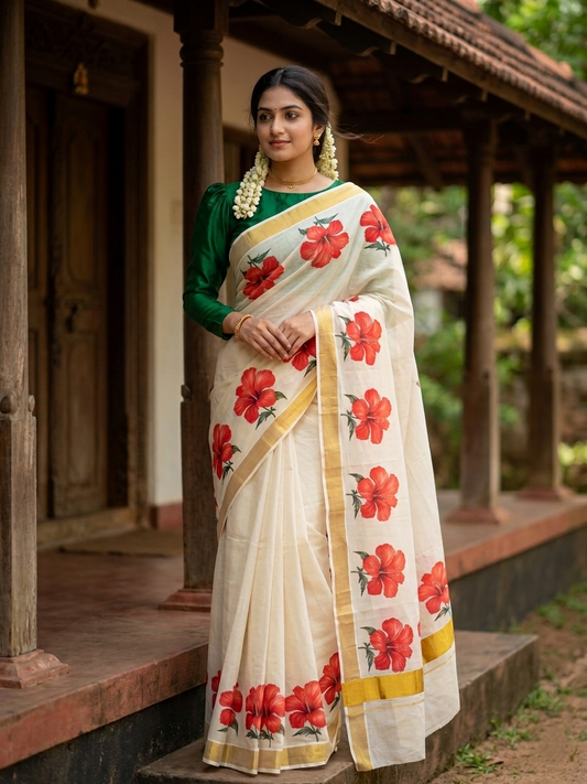 Southloom Tissue  Kerala Kasavu Saree with Floral Digital Printed