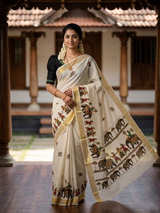 Kerala Cotton  Kasavu Saree With Mural Festival Parasol Stripes and Elephant Design