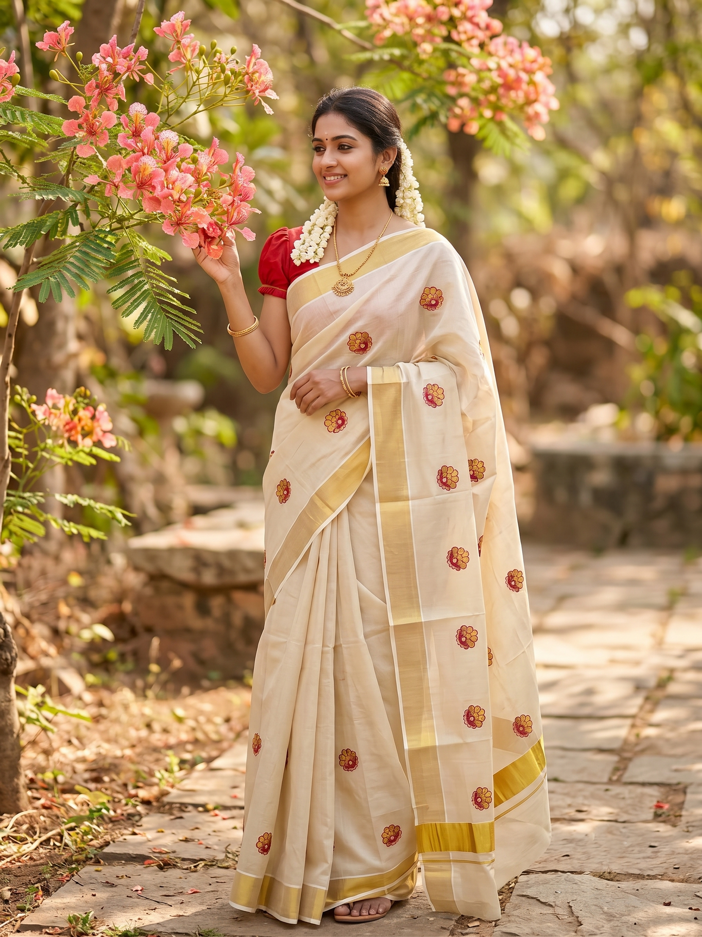 Southloom Kerala Tissue Kasavu Saree with Magenta Floral Embroidery Work on Body