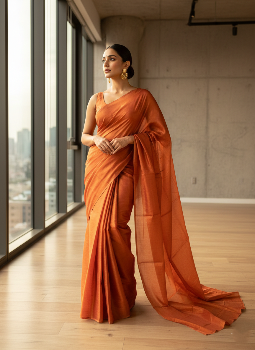 Southloom Semi Silk Brick Red Tissue Saree With Embroidary Blouse Piece