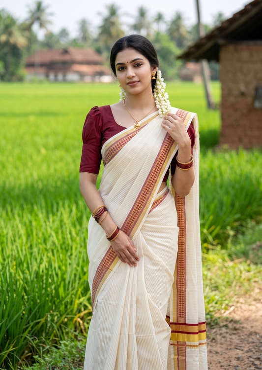 Southloom Kerala Cotton Kasavu Saree with Stripes on Body and Temple Print on Border in Maroon SL512