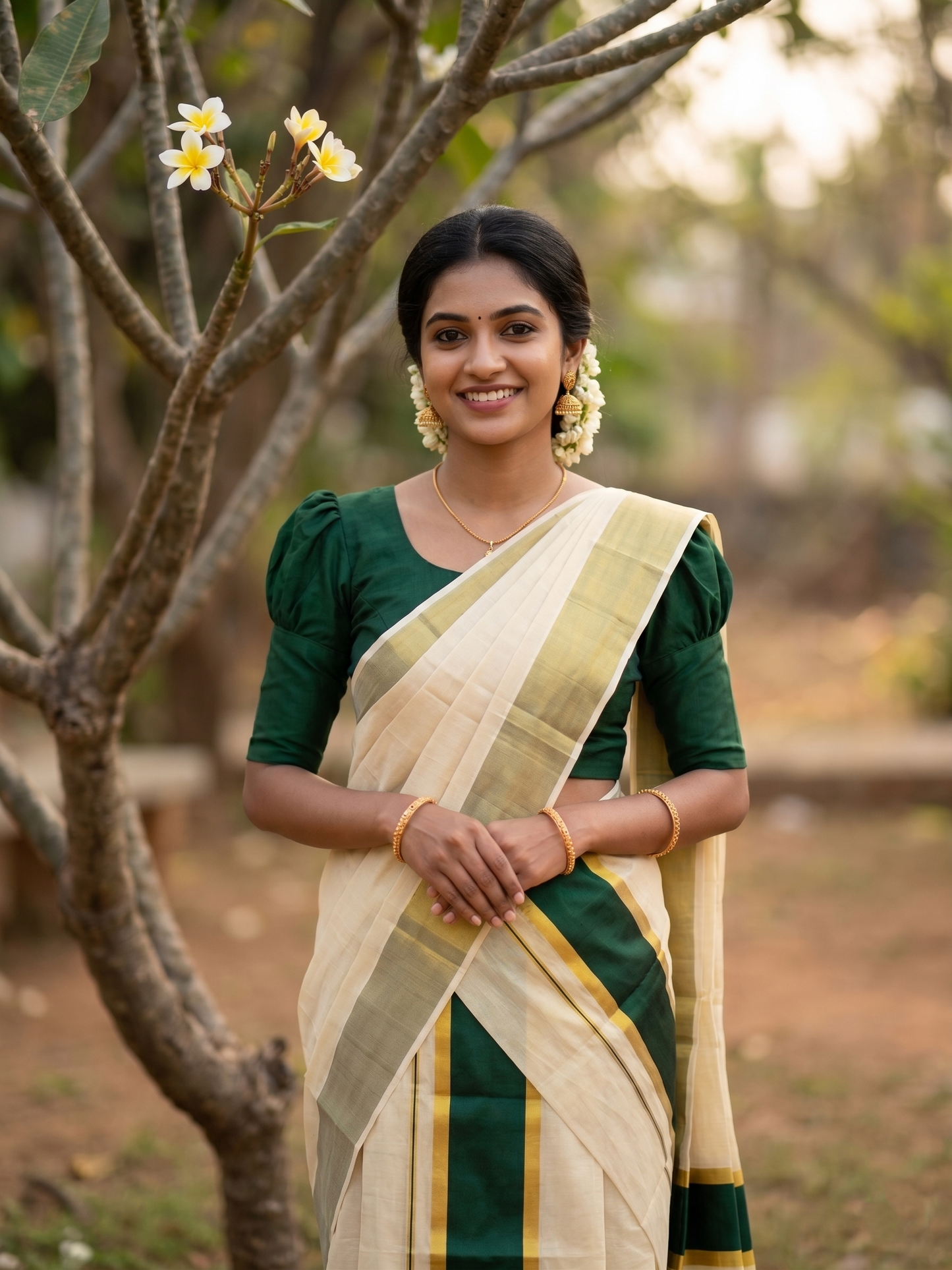Southloom Kerala Tissue Kasavu Set Mundu (Mundum Neriyathum) with Green Border Tassels on Pallu in 2.80 Mtrs SL381