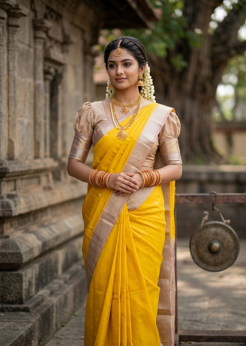 Southloom Pure Handloom Bridal Kanchipuram Silk Saree with Korvai Work(Yellow&Beige)