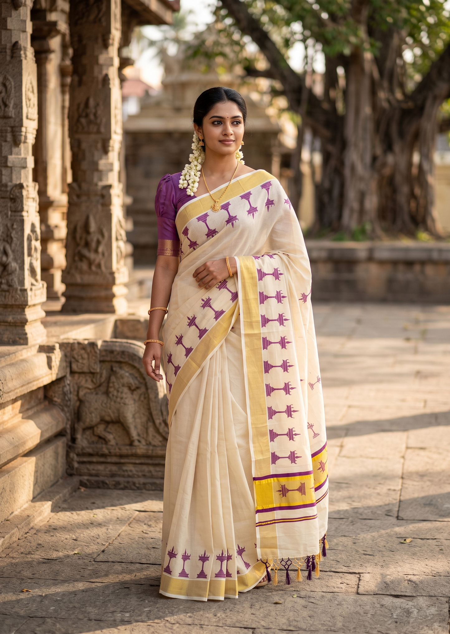 Southloom Kerala Tissue Saree with Nilavilakku Digital Print Design in Purple SL568