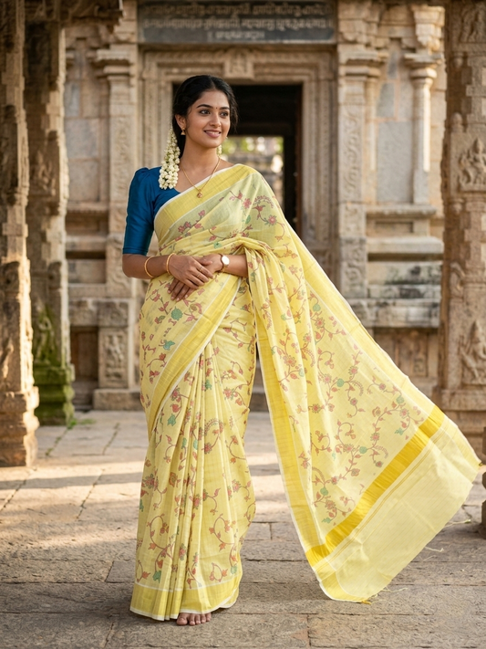 Southloom Tissue Check Kalamkari Print Kerala Kasavu Saree in Blue