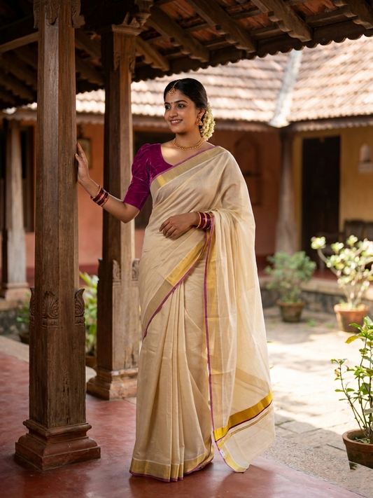 Southloom Kerala Tissue Kasavu Plain Saree With Magenta Border