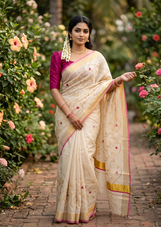 Southloom Kerala Tissue Kasavu Saree with Magenta and Gold Embroidery Across Body