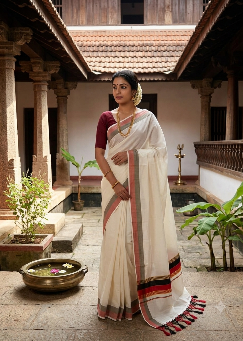 Kerala Cotton Kasavu Saree With Black And Red Borders SL499