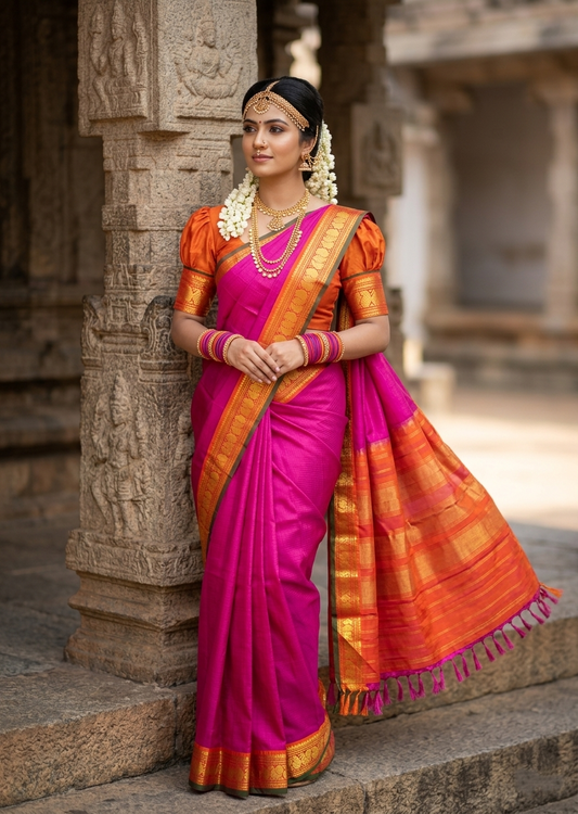 Southloom Pure Handloom Bridal Kanchipuram Silk Saree with Korvai Work (Pink & Orange)