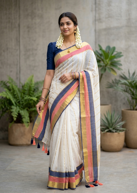 Southloom Mul Cotton 120 x 120 Soft Fabric Saree withBlue& peach in Border SL215