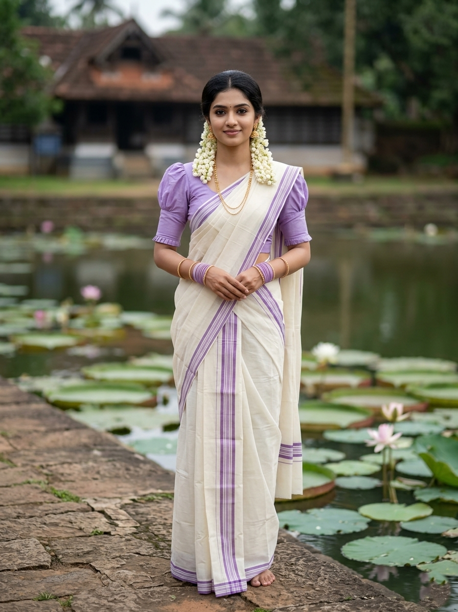 Southloom Pure Cotton Kerala Single Mulloth Set Mundu (Mundum Neriyathum) Lavender Border in 2.50 mtrs SL243