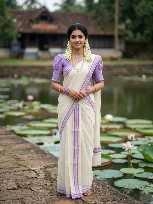 Southloom Pure Cotton Kerala Single Mulloth Set Mundu (Mundum Neriyathum) Lavender Border in 2.50 mtrs SL243