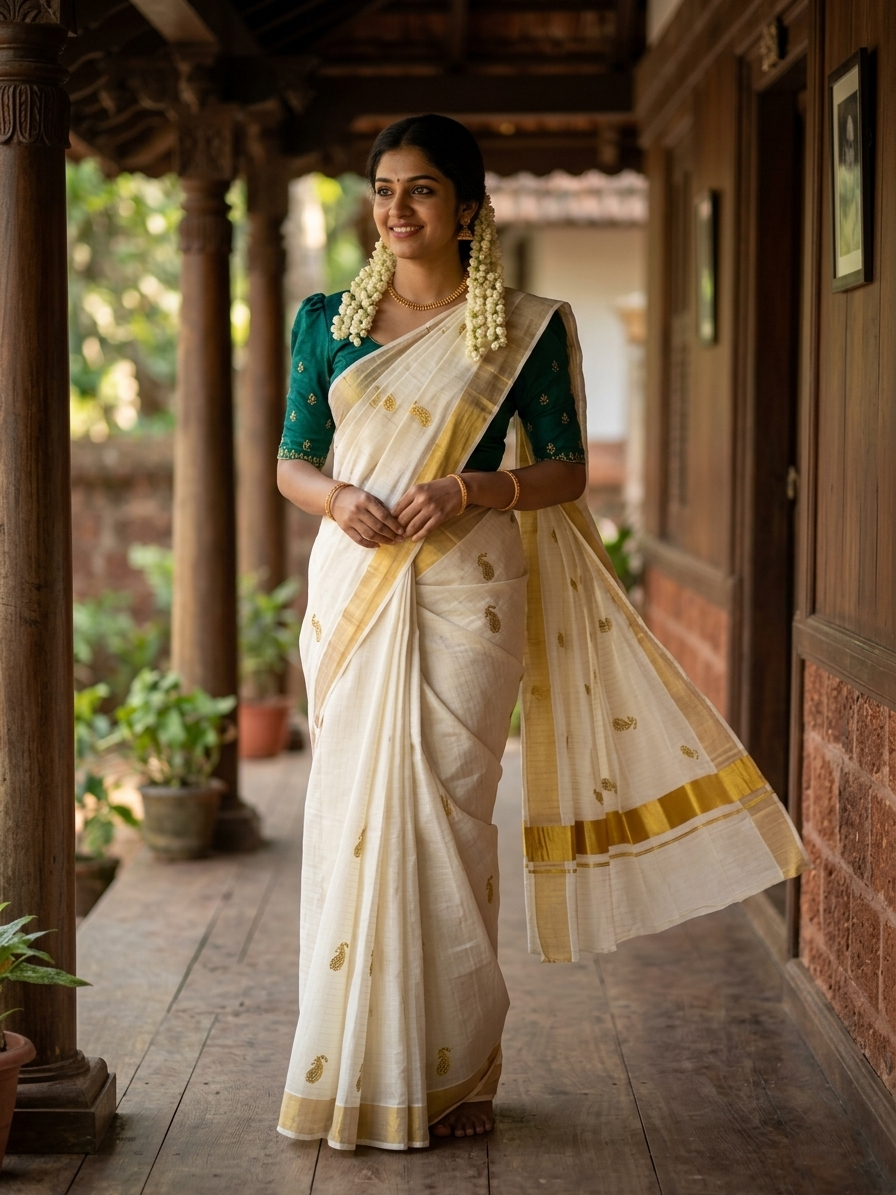 Southloom Cotton Kerala Kasavu Lines Saree with Peacock Embroidery Work on Body in Peacock Green