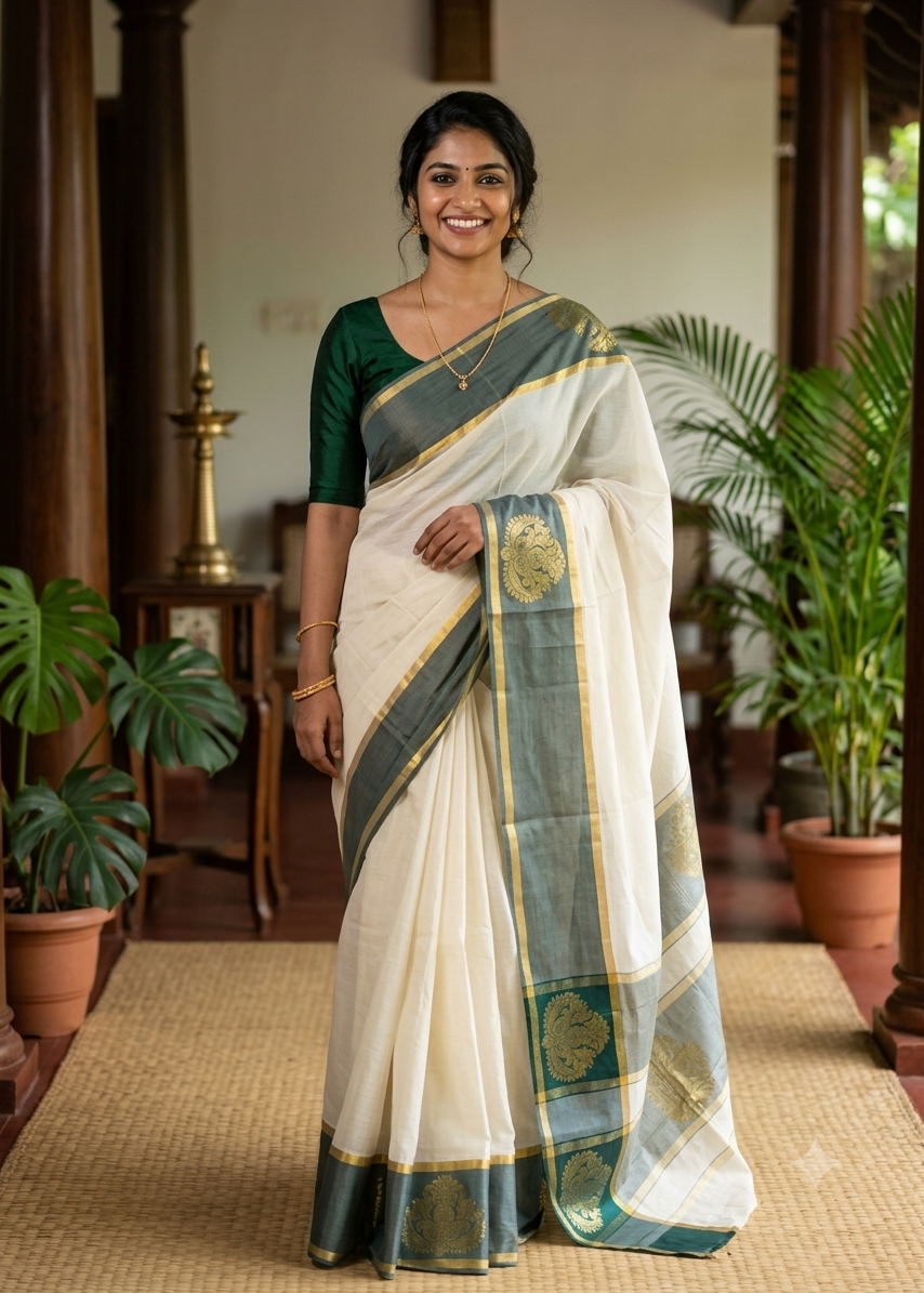 Southloom Kerala Cotton Saree with Green Borders SL620
