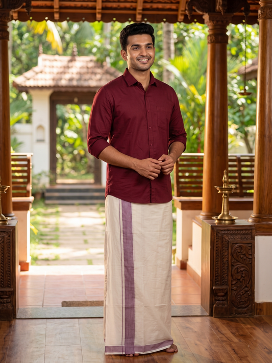 Southloom Kerala Pure Cotton Double Mundu with Maroon Lines Border (South Indian Kerala Dhoti)