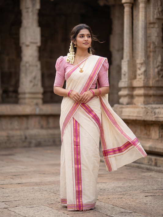 Southloom Kerala Cotton Single Set Mundu (Mundum Neriyathum) with Kasavu and  Pink Border in 2.80 Mtrs SLKK SL470