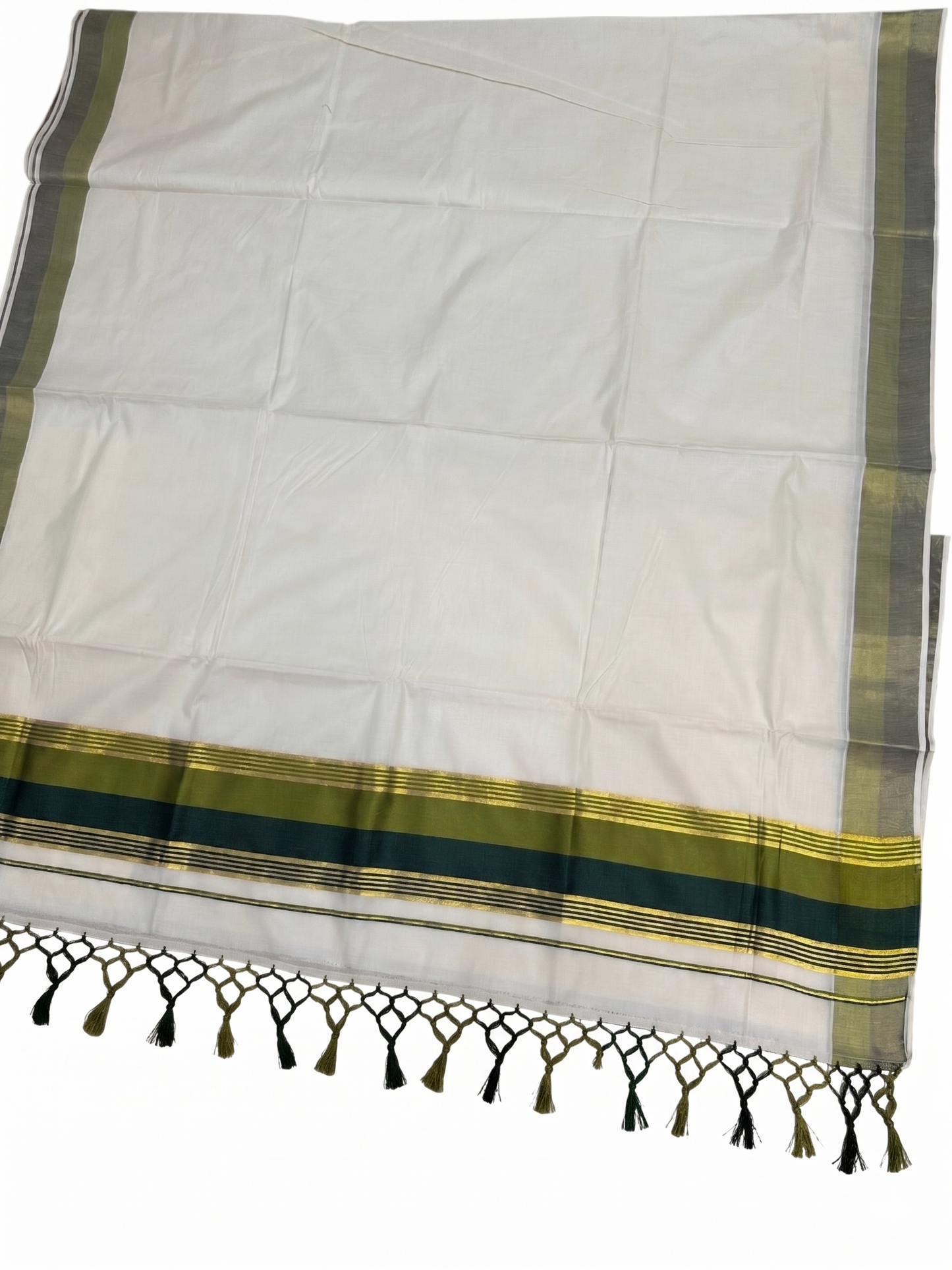 Kerala Cotton Kasavu Saree With Olive Green And Bottle Green Borders SL499