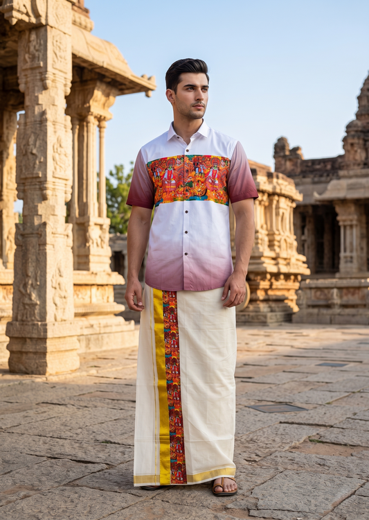Southloom Cotton Theyyam & Kadhakali Mural Printed Men's Combo In Brown (Shirt + Mundu)
