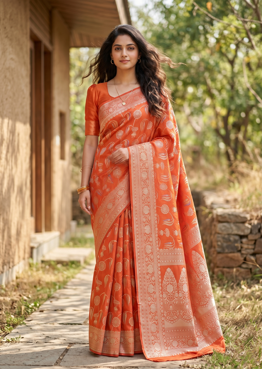 Southloom Pure Banarasi Silk Saree with Woven Work on Body and Borders (Orange)