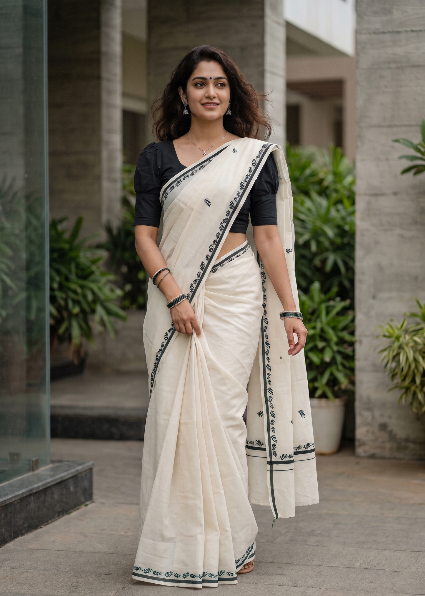 Southloom Cotton Kerala Saree With Black Prints On Border SL501