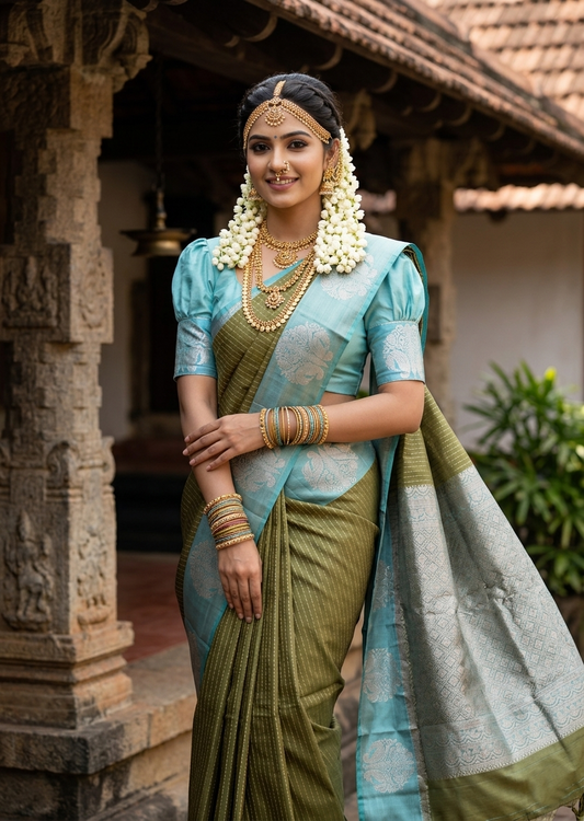 Southloom Pure Handloom Bridal Kanchipuram Silk Saree with Korvai Work(Green&Blue)
