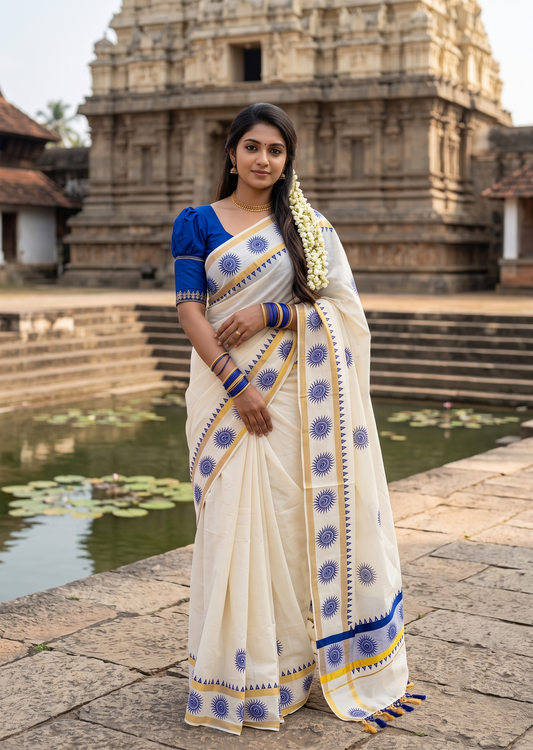 Southloom Cotton Kerala Kasavu Saree with Digital Print On Body With Temple Borders With Tussles In Blue SL519