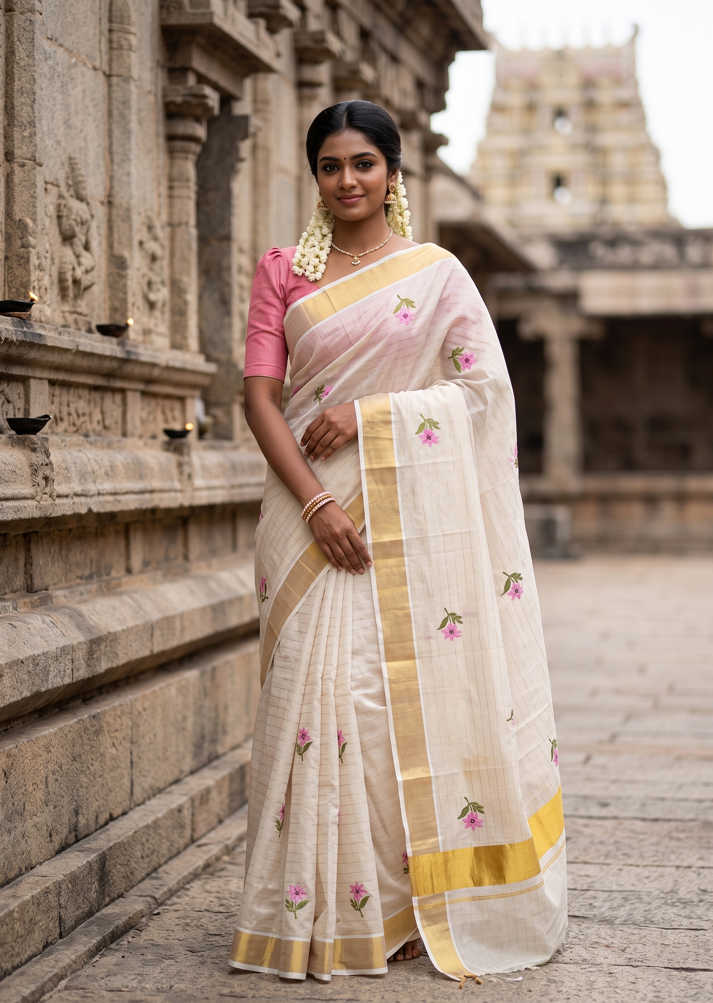 Southloom Kerala Tissue Pink And Green Floral Embroidery Design on the Body With Gold Kasavu