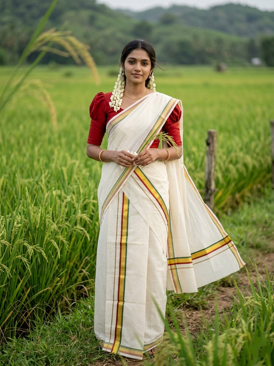 Southloom Pure Cotton Kerala Kasavu Set Mundu (Mundum Neriyathum) Gold Kasavu & Green And Red Border 2.80 Mtrs