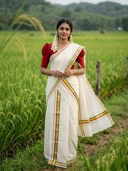 Southloom Pure Cotton Kerala Kasavu Set Mundu (Mundum Neriyathum) Gold Kasavu & Green And Red Border 2.80 Mtrs