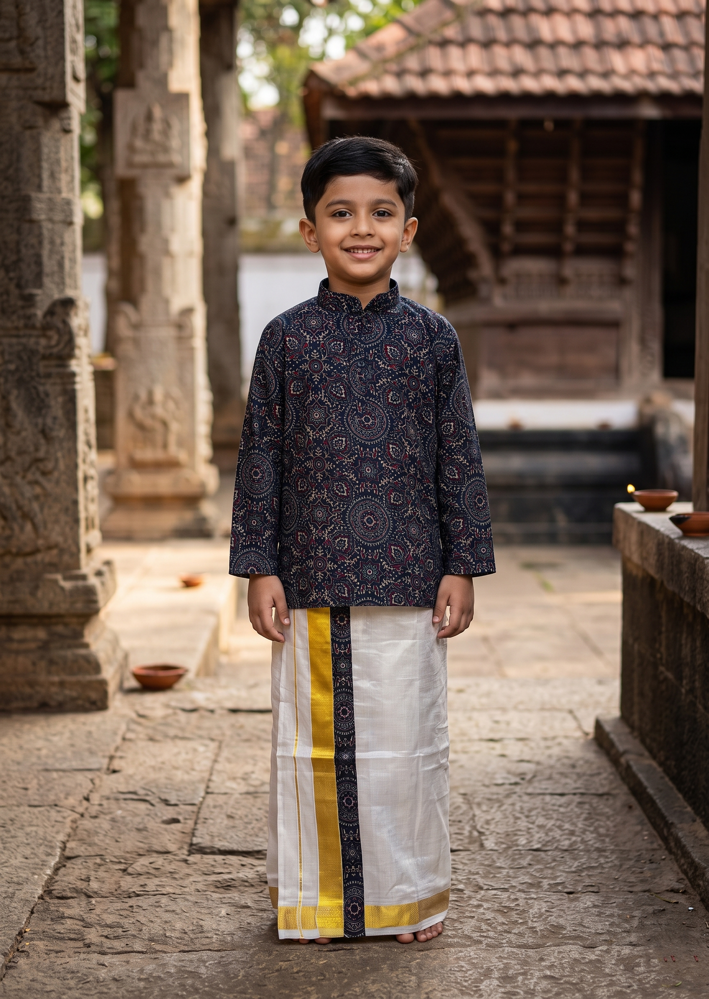 Southloom Tissue Ajrakh Printed Kids's Combo (Kurta + Velcro Mundu)