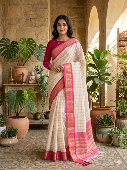 Cotton Silk Check Saree With Pink Border & Tassels SL223