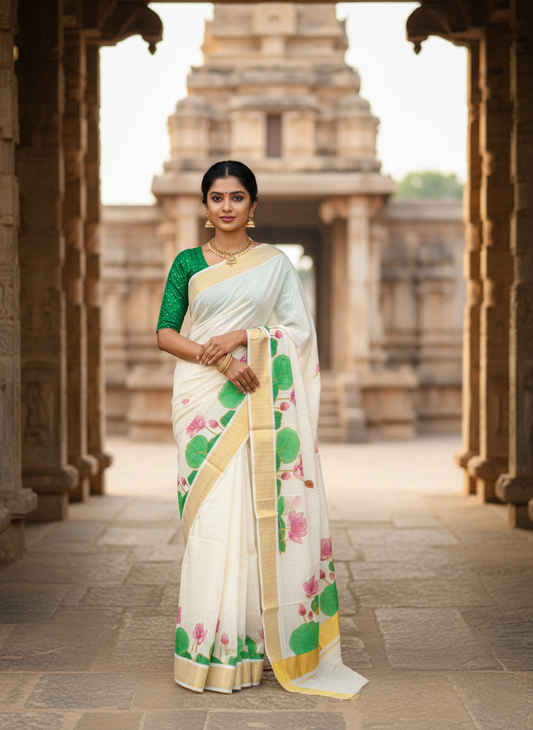 Southloom Cotton Kerala Kasavu Saree with Hand Painted Embroidery Lotus Design