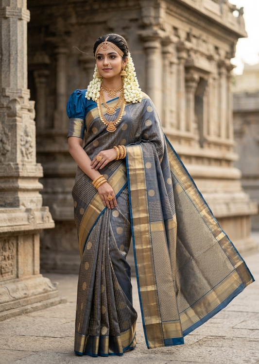 Southloom Pure Handloom Kanchipuram Silk Saree with Korvai Work (Grey & Blue)