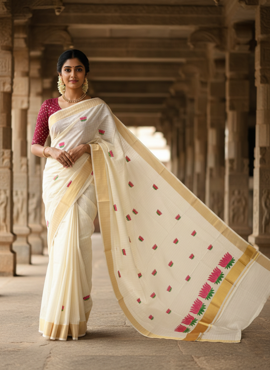Southloom Kerala Cotton Kasavu Line Saree with Pink Lotus Embroidery Works SL289