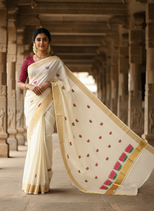 Southloom Kerala Cotton Kasavu Line Saree with Pink Lotus Embroidery Works