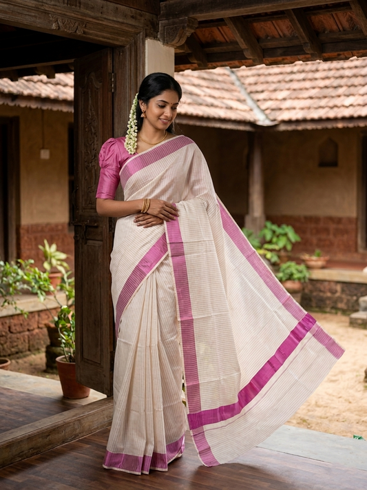 Kerala Pure Cotton Pink Kasavu Lines Saree with 3 inch Border