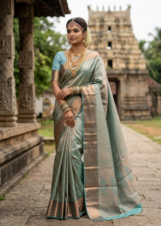 Southloom Pure Handloom Bridal Kanchipuram Silk Saree with Korvai Work