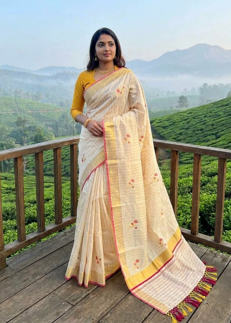 Kerala Tissue Saree With Pink Floral Embroidery Design SL249
