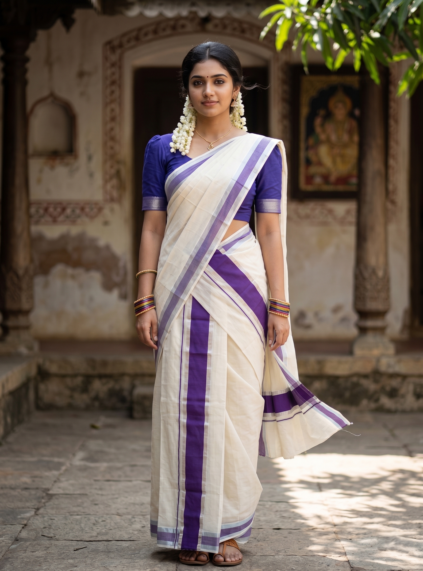 Kerala Cotton Mundum Neriyathum Single (Set Mundu) with Violet and Silver Kasavu Border 2.80 Mtrs   SLKK SL470