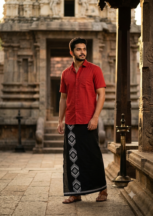 Southloom Black Printed Single Mundu / Otta Mundu / Lungi (South Indian Kerala Dhoti)