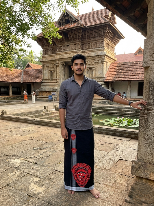 Southloom Black Printed Theyyam Single Mundu / Otta Mundu(South Indian Kerala Dhoti)