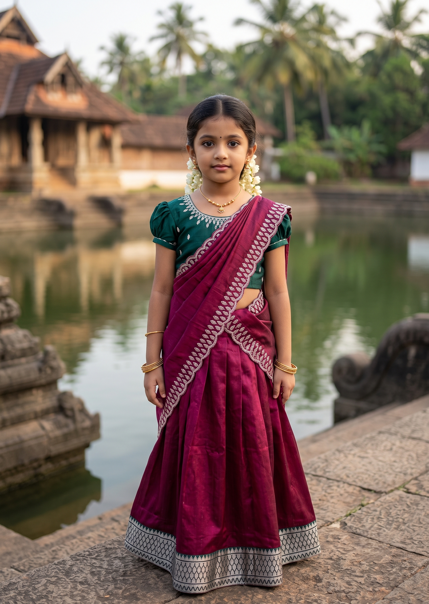 Southloom Georgette Kids Dhavani Set in Maroon and Green SLKDHAVANI